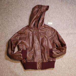 CUBALAN Genuine Leather Bomber Jacket with Hood Maroon Ribbed Trim Size 11/12